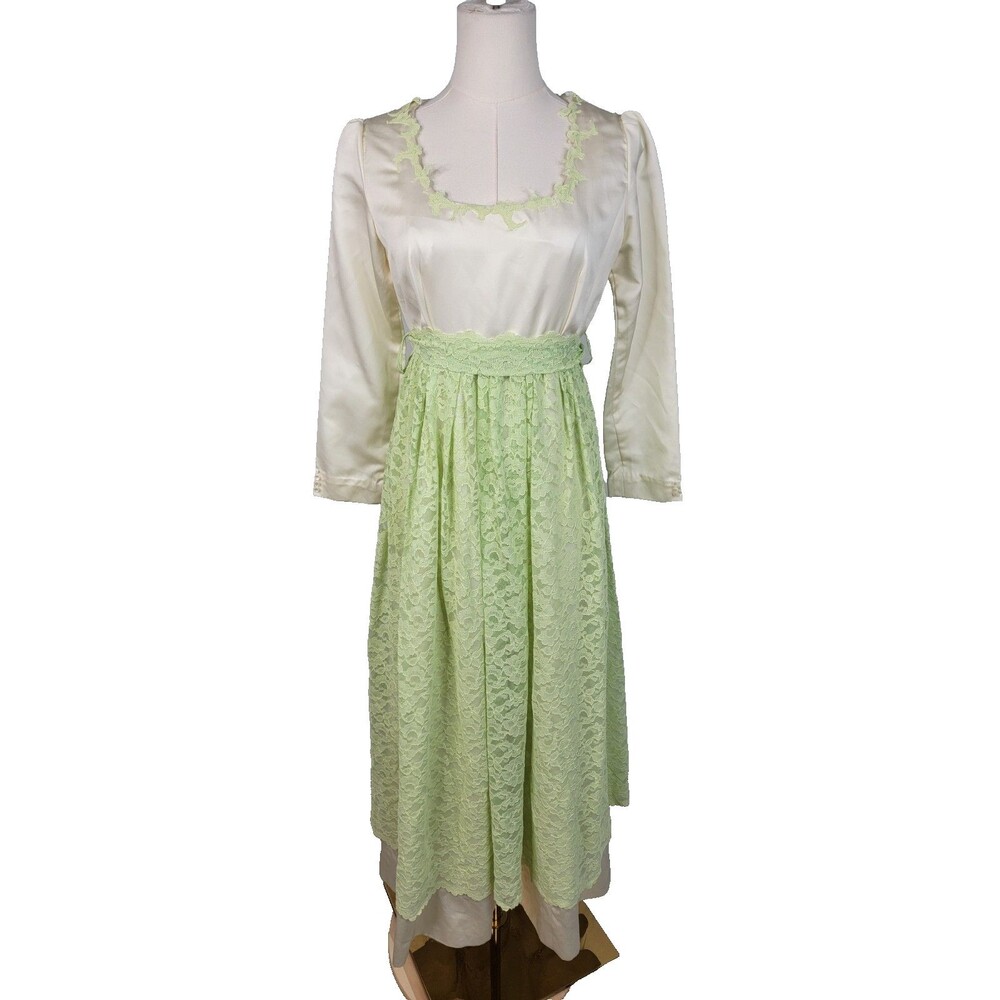 Handmade Cream Lime Lace Overlay Prairie Cottagecore Midi Dress Approx Small